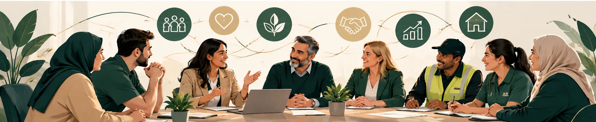 Illustration of organisations working together around a table